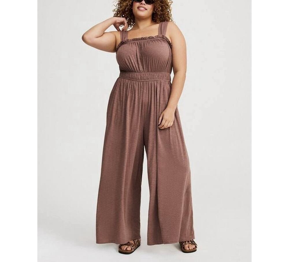 Torrid Wide Leg Tank Jumpsuit Women's 1X Taupe Soft Shirred Top Boho Cottage